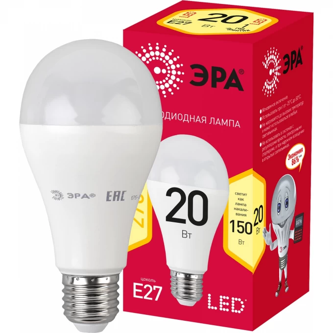 Лампа светодиодная ЭРА RED LINE LED A65-20W-827-E27 R 20Вт A65 груша 2700К тепл. бел. E27 Б0050687 B0050687 Лампа светодиодная ЭРА RED LINE LED A65-20W-827-E27 R 20Вт A65 груша 2700К тепл. бел. E27 Б0050687 B0050687